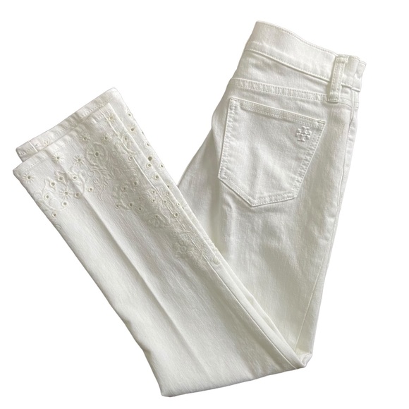 Tory Burch Keira White Eyelet Embroidered Cropped Jeans Size 25 - Picture 3 of 14